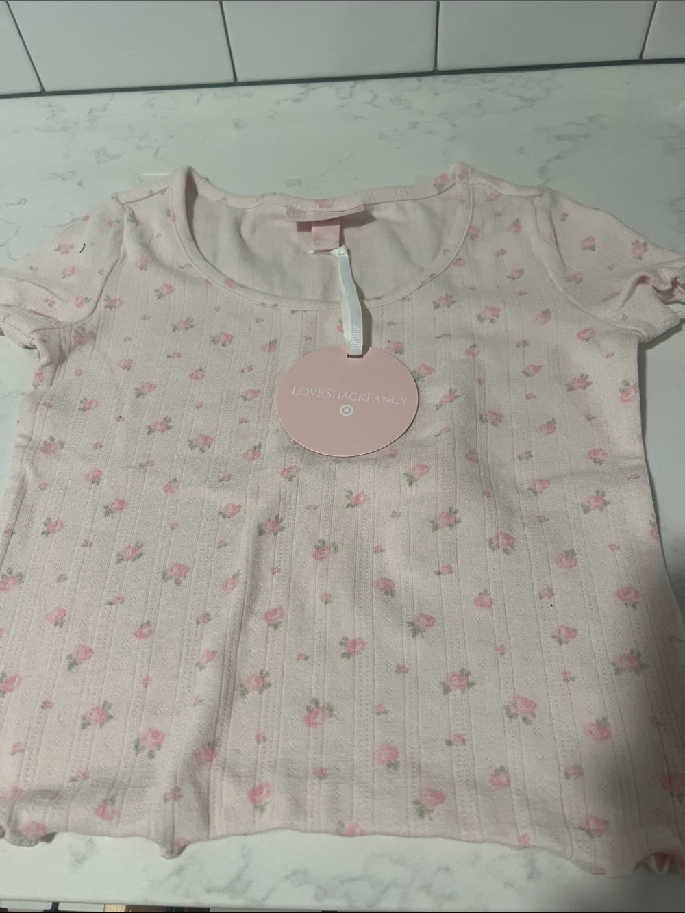 LoveShackFancy Pink Floral Ribbed Short Sleeve Tee for Kids